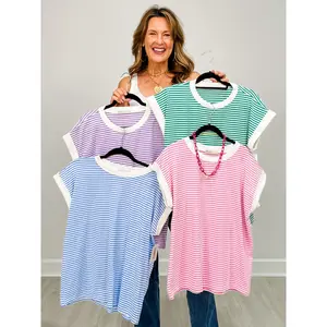 Stripe Contrast Trim Top with Round Neckline GRP B