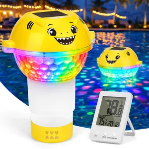Pool Chlorine Floater with Digital Thermometer & Colorful Lights Adjustable Floating Chlorine Dispenser with Wireless Temperature Monitor Solar Pool Lights for Hot Tub