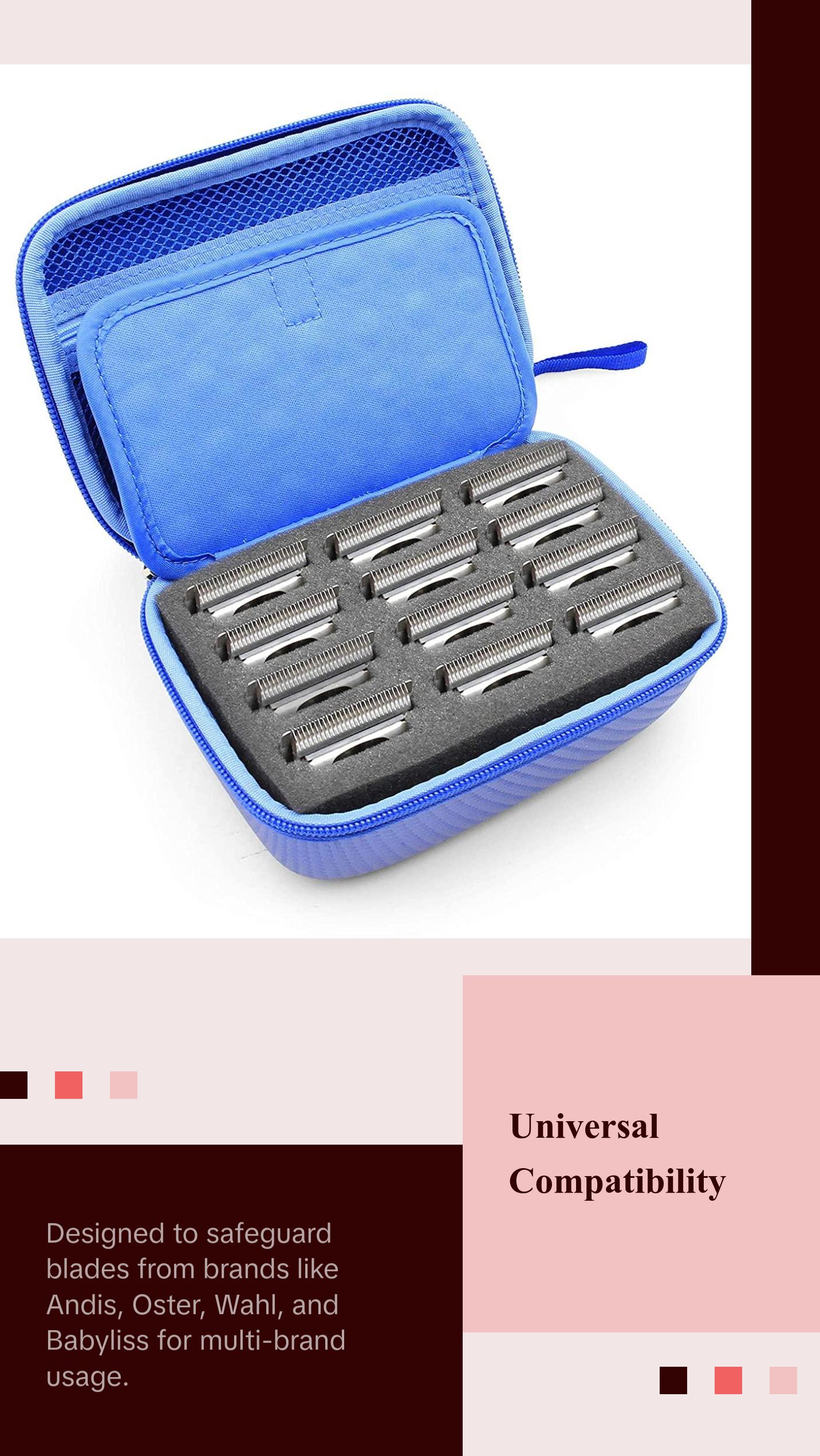 CASEMATIX Barber Blade Case for 12 Metal Clipper Blades - Removable & Durable Storage with Custom Padded Slots & Zippered Compartment for Andis/Oster/Wahl/Babyliss Compatible Blades