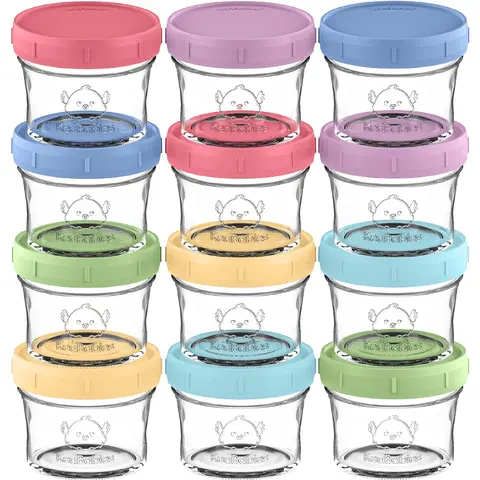 KeaBabies 12-Pack 4oz Glass Baby Food Container Set - Airtight Leak-Proof Lids, Stackable, Microwavable Small Jars, BPA-Free, Dishwasher/Freezer Safe, 3D Non-Fading Markings, Easy Portion Control for Homemade Baby Food Storage That Maintains Freshness