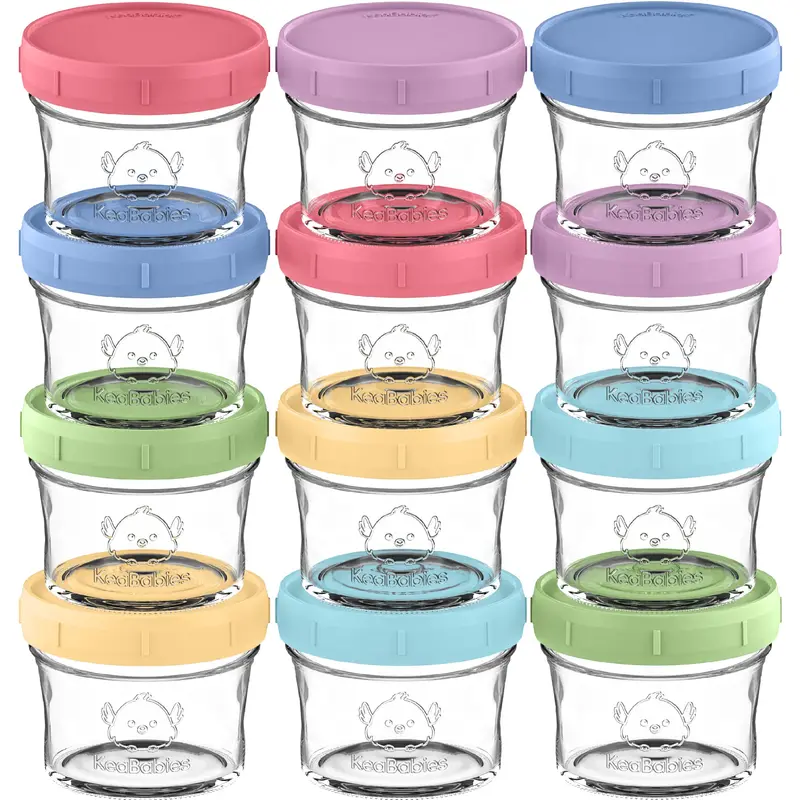 KeaBabies 12-Pack 4oz Glass Baby Food Container Set - Airtight Leak-Proof Lids, Stackable, Microwavable Small Jars, BPA-Free, Dishwasher/Freezer Safe, 3D Non-Fading Markings, Easy Portion Control for Homemade Baby Food Storage That Maintains Freshness