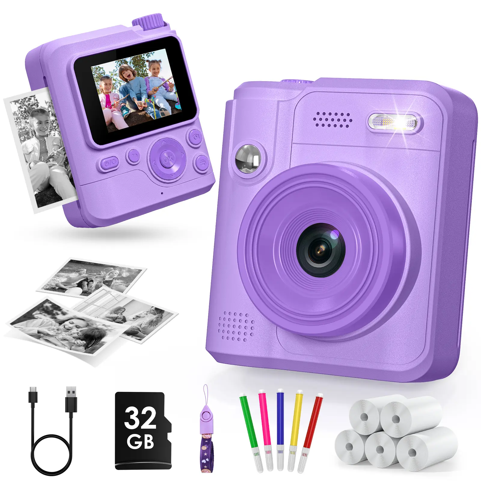 Kids Instant Print Camera - 1080P HD Digital Camera with 32GB TF Card, Kids Camera Gifts for Girls Boys, Selfie Video Camera, Creative PhotographyToy for Girls & Boys Aged 3-12, Perfect Gift for Christmas,Birthday, Holidays Durable Toddler Gift