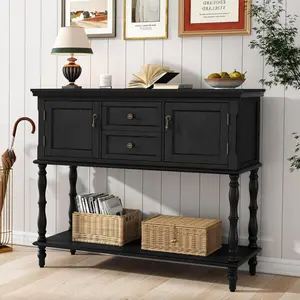 42 Inch Farmhouse Console Table with 2 Drawers and 2 Doors, Antique Wood Entryway Storage Cabinet, Large Sofa Table with Open Bottom Shelf for Living Room, Hallway, Kitchen