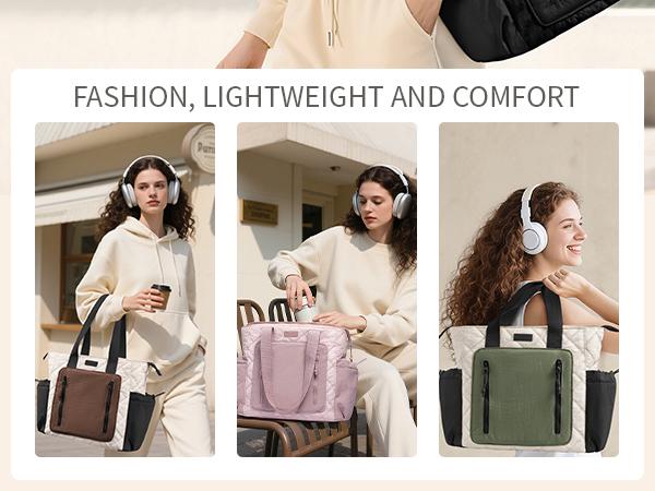 Bagstellar Puffer Tote Bag for Women, Lightweight Large Work Tote Laptop Bag, Travel Tote Bag with Zipper Gifts for Women Teacher Nurse Quilted Shoulder Bag for School Gym