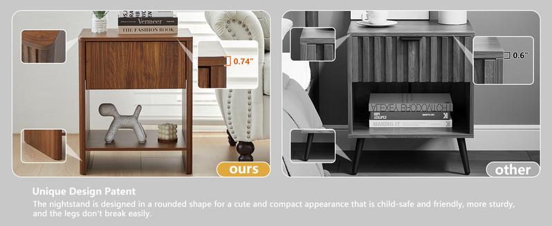 Giratree 2 Piece Mid-Century Modern Nightstand Set, Farmhouse Bedroom Nightstand, Small Side Table with Storage, Recessed Cabinet Wood Nightstand