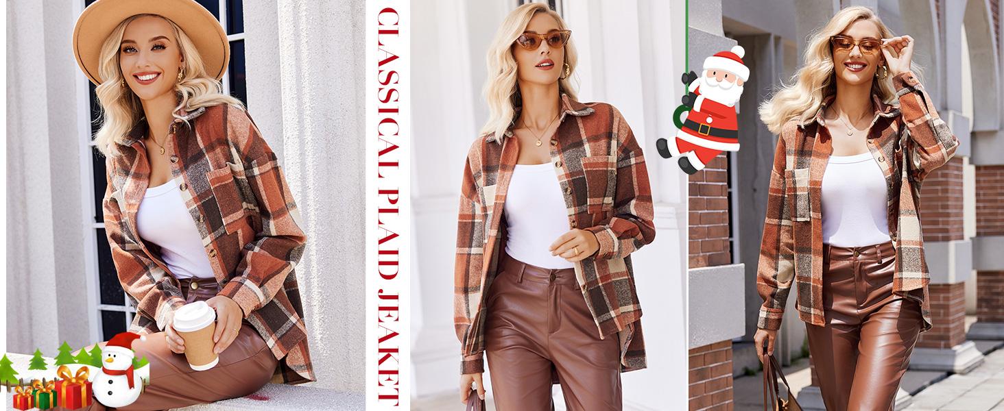 Women's Oversized Plaid Shacket Long Sleeve Button Down Flannel Jacket Coats with Side Pockets Lightweight Fashionable Plus Size Tops