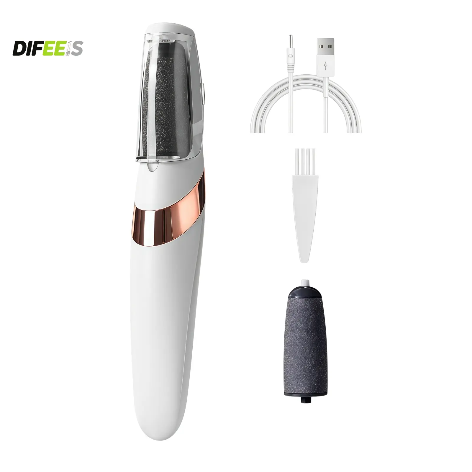 DIFEEIS Portable Rechargeable Electric Callus Remover, Pedicure Electronic File with 2 Adjustable Speeds, Washable Grinding Head, LED Light, Replacement Head and Rasp for Dead Skin Removal