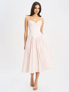 Zania Pink Stripe Ruched Breast Cotton Jacquard Midi Dress
