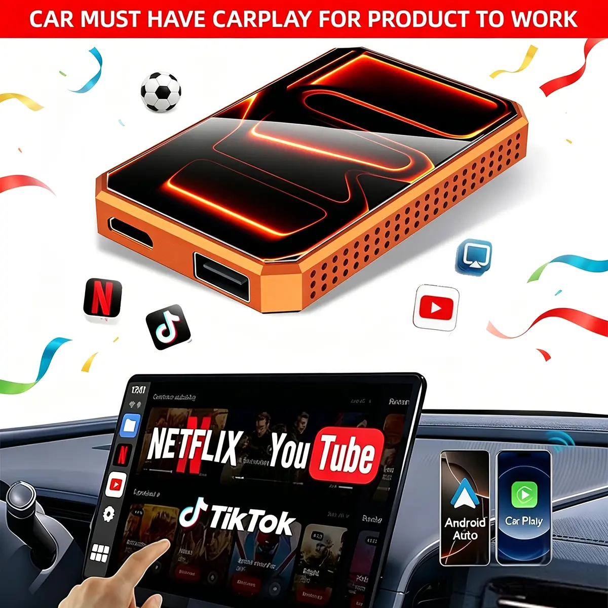 [Summervibes] MAKASRI 4-in-1 Wireless CarPlay and Android Auto Adapter, compatible with Netflix/YouTube/TikTok/screen mirroring links, CarPlay AI Box, suitable for vehicles equipped with original wired CarPlay.