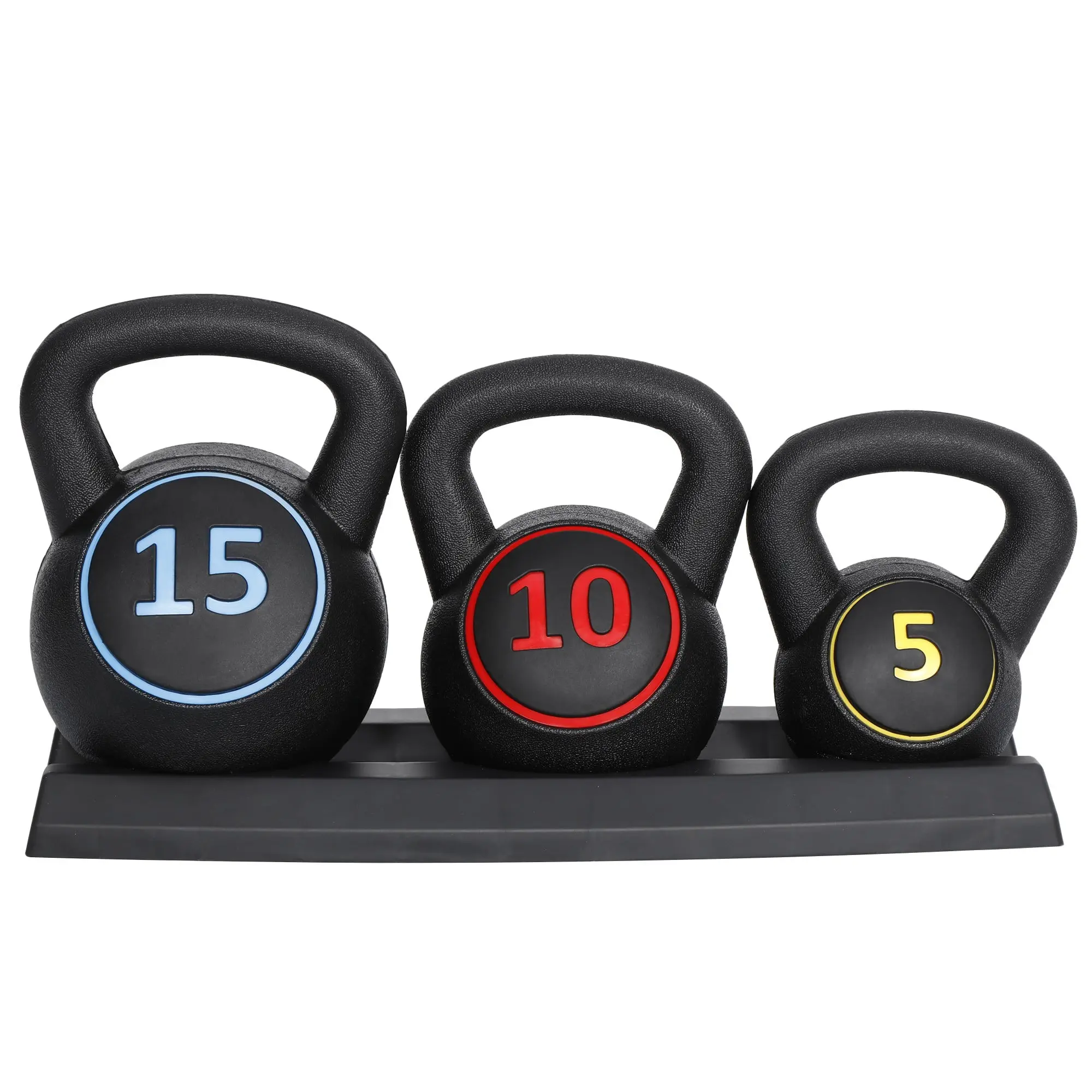Segawe 3-Piece Kettlebell Set (5, 10, 15 lbs) with Storage Rack, HDPE Weights with Flat Base & Anti-Slip Grip for Full Body Home Workout and Resistance Training, Home Workout Equipment, Strength Training Equipment, Bodybuilding Kettlebells, At Home Gym Eq