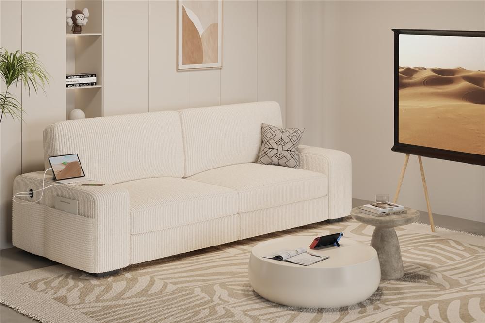 Yaheetech 83.5″ W 2-seater Upholstered Couch, Modern Corduroy Fabric Sofa Couch with Side Storage Pockets, USB Charging Ports for Living Room, 2 Packages Delivery