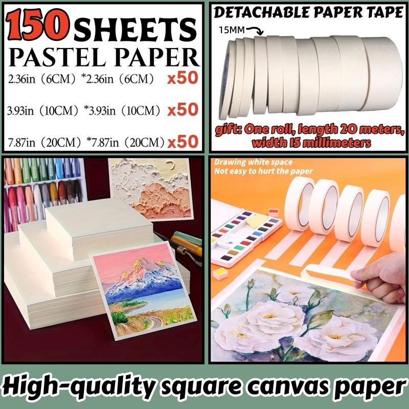 150 high-quality square canvas papers, suitable for artists - perfect for oil painting and pastel painting, ideal for creating dynamic abstract artworks. They are bound in loose pages. [Free one roll of 20 meters of detachable artist masking tape]