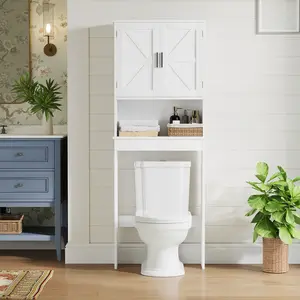 Over The Toilet Storage Cabinet with Double Doors and Open Shelf,Bathroom Shelf Organizer with Anti-Tip Device Small Freestanding Space Saver with Adjustable Shelf,White