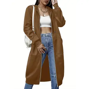 Women's Chic Green Zip-Up Fleece Hoodie - Casual Long Tunic Sweatshirt Jacket with Pockets, Polyester & Spandex Blend, Perfect for Spring/Fall, Spring Hoodie|Hooded Sweatshirt|Polyester Blend, Sweater Hoodie Fabric Womenswear