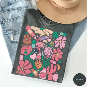 Comfort Colors Vintage Boho Groovy Nurse Floral Shirt, Cute Stethoscope Graphic Tee, RN Pediatric Nurse T-Shirt, Healthcare Worker Gift