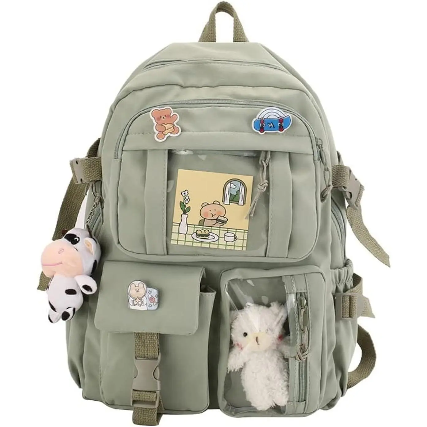 Cute Backpack with Cute Pin Accessories Plush Pendant for School Bag Student Girl Backpack Super-Capacity  Travel Backpack(Green-2)