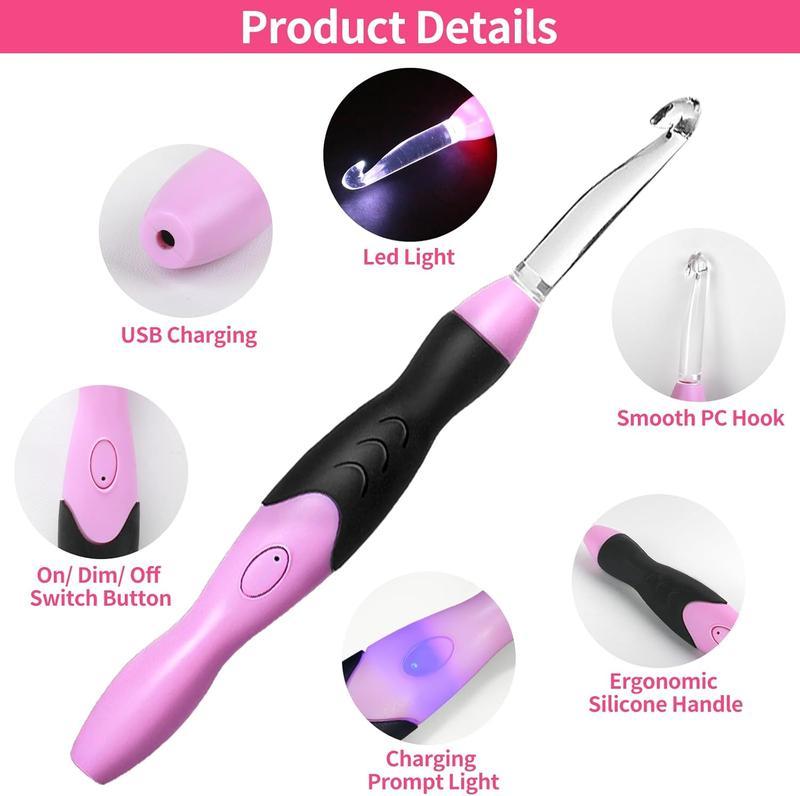 Ultimate Glow Crochet Kit: 11 Interchangeable Light-Up Hooks, Rechargeable & Portable Ergonomic Handle for Comfort, Includes Case for Easy Storage