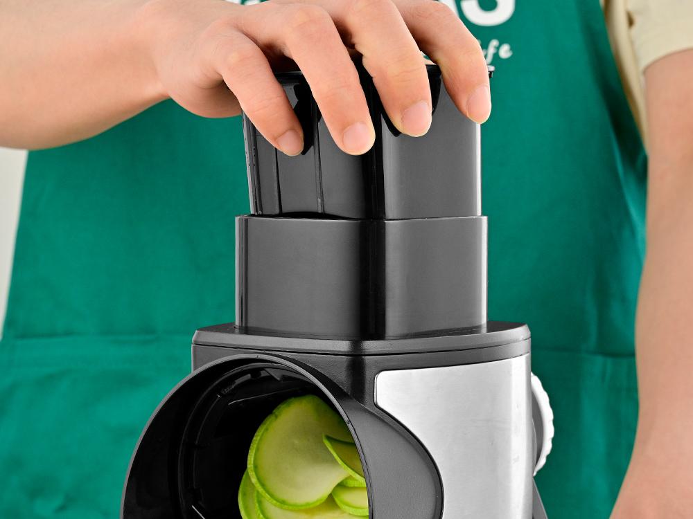 SUSTEAS Stainless Steel Rotary Cheese Grater with Handle - Comes with 5 Blades, Powerful Suction Cup Base, Comes with Blade Storage Box Cutlery Kitchen Utensil Vegetable Cutting Slicer Vegetable Cutter