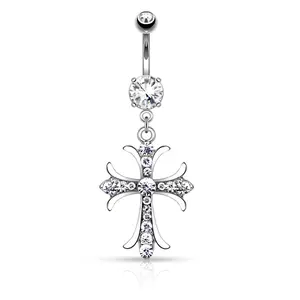 Celtic Cross with Paved Gems Dangling Belly Button Ring - 316L Surgical Steel