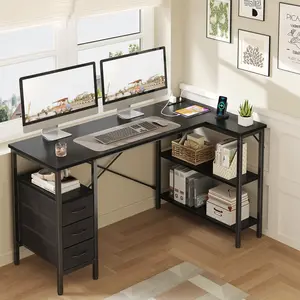 L Shaped Desk with Shelf Drawers, Corner Computer Desks Gaming with Power Outlet, Study Table with Adjustable Shelves, Home Office Tables for Bedroom Teacher Reading Writing