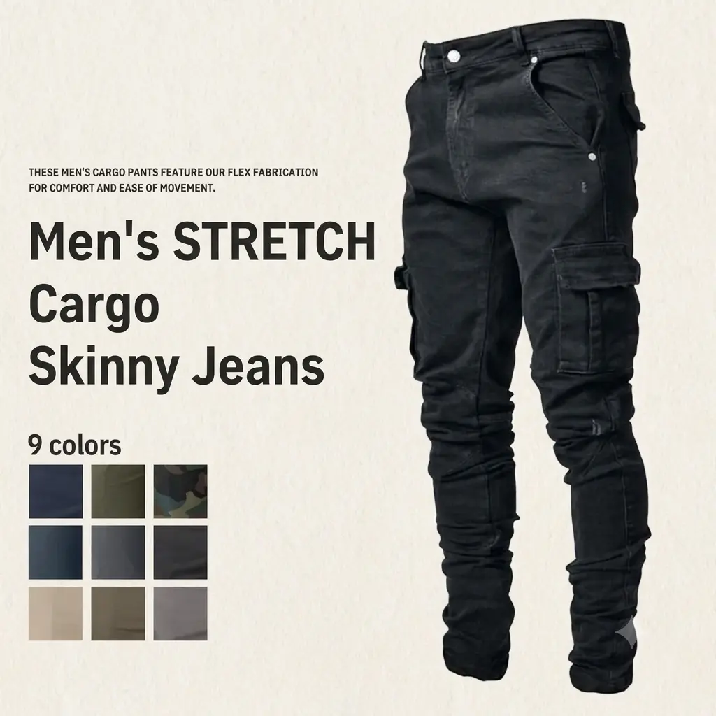 HUNGSON Men's Cotton-Spandex Skinny Jeans - Natural High-Stretch Fabric, Frayed Leg, Body-Friendly, Modded, Comfort Flex Waist, Deep Pockets, Plain Hem, All Seasons Below Ankle Trousers sohochic