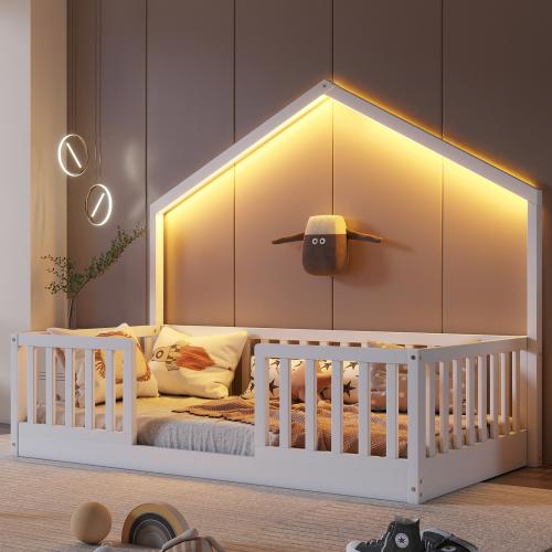 Bellemave Twin/Full Floor Bed with High Rails Wooden Montessori Bed with LED Light for Kids Boys and Girls Low Profile Design Sturdy Construction - Home
