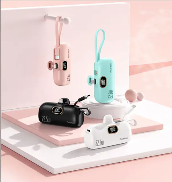 Compact 22.5W Fast Charging 5000mAh Pocket Power Bank - Built-in Lightning & Type-C Connectors, Digital Display, Type-C & USB-A Dual Output, Portable Mobile Charger for Smartphone & Device, Multi-Color Options