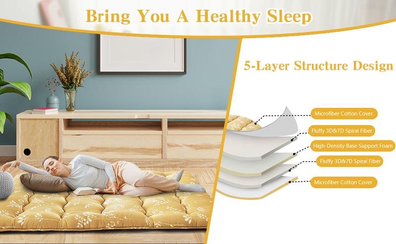 Garvee Japanese Futon Mattress, Twin Size Futon Floor Mattress Japanese Style Floral Pattern Mattress for Floor, Tatami Mat, Sleeping Mattress Pad for Camping Travel, Flowers Yellow