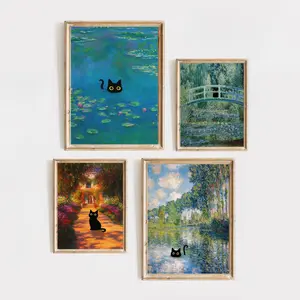Cat Wall Art Monet Prints Vintage Wall Art Funny Cat in Water Lilies Posters for Room Bedroom Living Room Bathroom Wall Decor