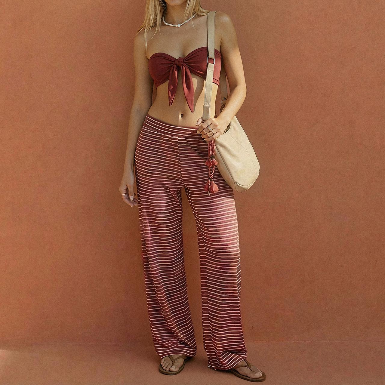 TrendyQueen Women's Sailor Tube Set - Striped Strapless Top & Mid-Rise Wide Leg Pants Co-ord-Minimalist Two Piece Outfits for Casual Wear SpringFresh