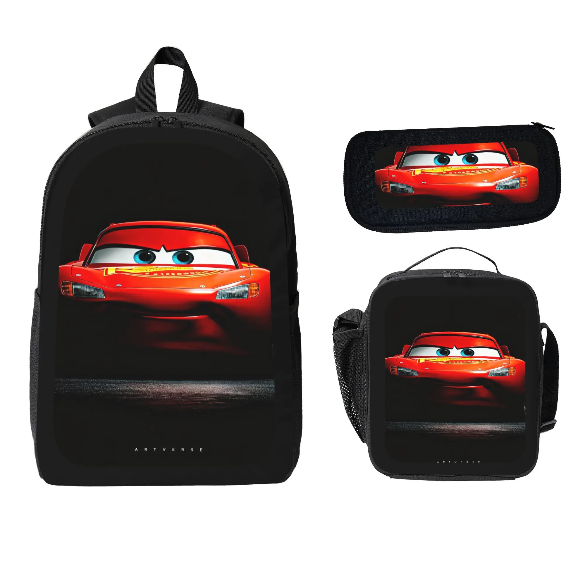 17 Inch Red Cartoon Race Car Print Backpack 3-Piece Set Kids Boys School Bookbag with Lunch Bag Pencil Case