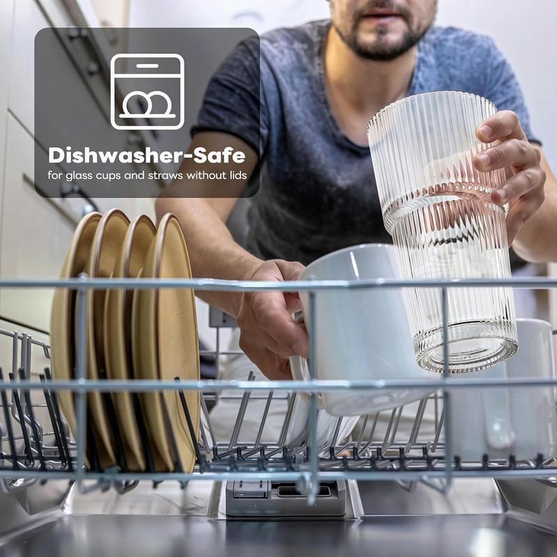 Ribbed Glass Cups with Lids and Straws | 6/8Pack 20oz Thickened Tumbler Set | Ideal for Coffee, Smoothies, Cocktails & Juices