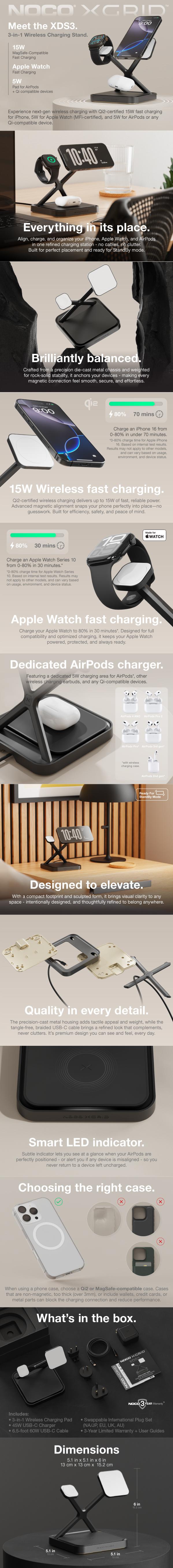 NOCO XGrid XDS3: 3-in-1 Wireless Charging Stand – For iPhone, Apple Watch & AirPods – MagSafe Compatible, Qi2 Certified