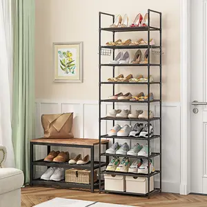 10-Tier Narrow Metal Shoe Rack - 20-25 Pairs Large Capacity Waterproof Non-Woven Iron Frame 5 Hooks 16.73x12.01x81.1in Space Saving Shoe Organizer for Entryway Closet Dorm Black Classic Simple Finish