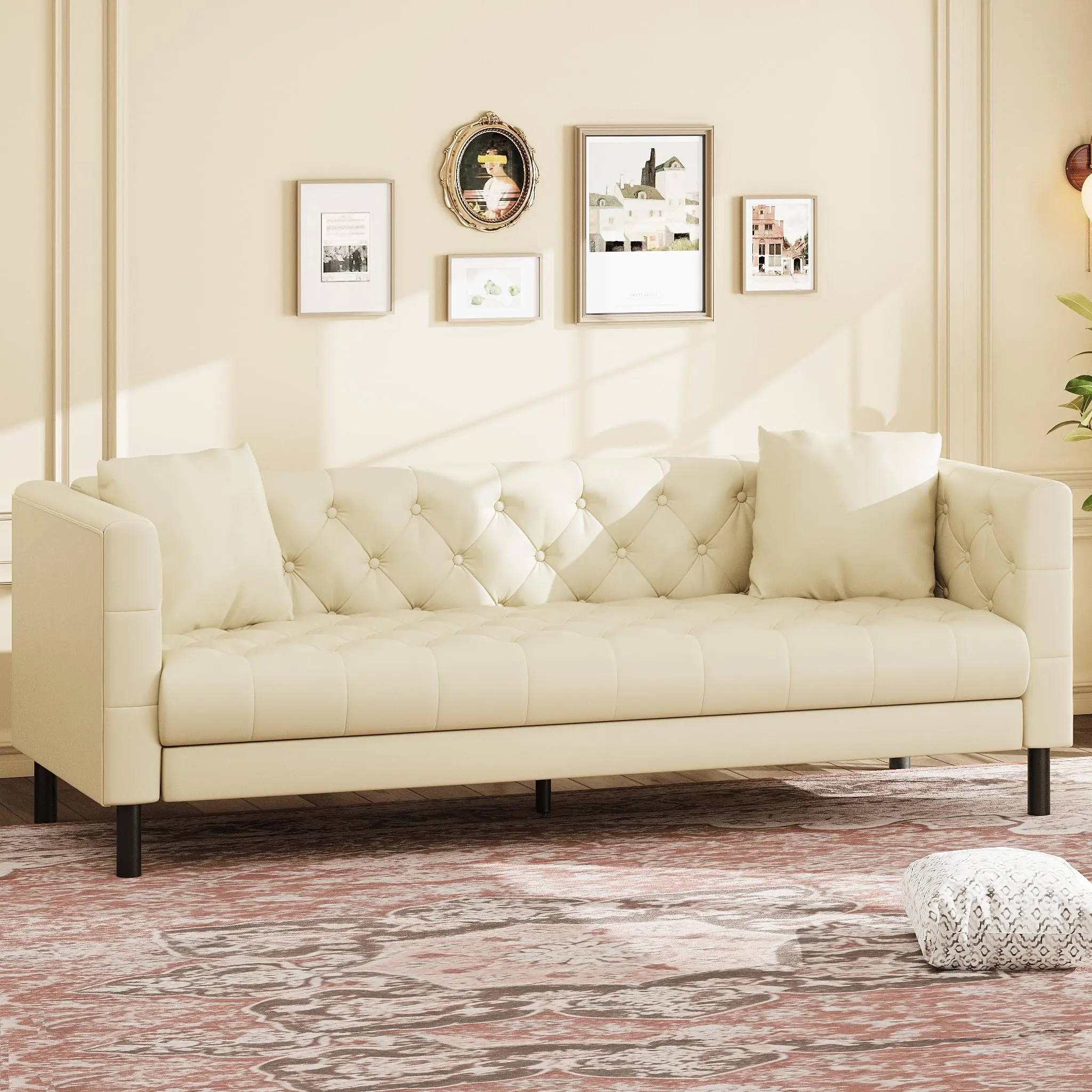 Garvee 81" Handmade Leather Sofa Couch with Deep Seat, Button Tufted Design, Includes 2 Pillows, Comfortable 3-Seater for Living Room, Apartment, or Office in Beige