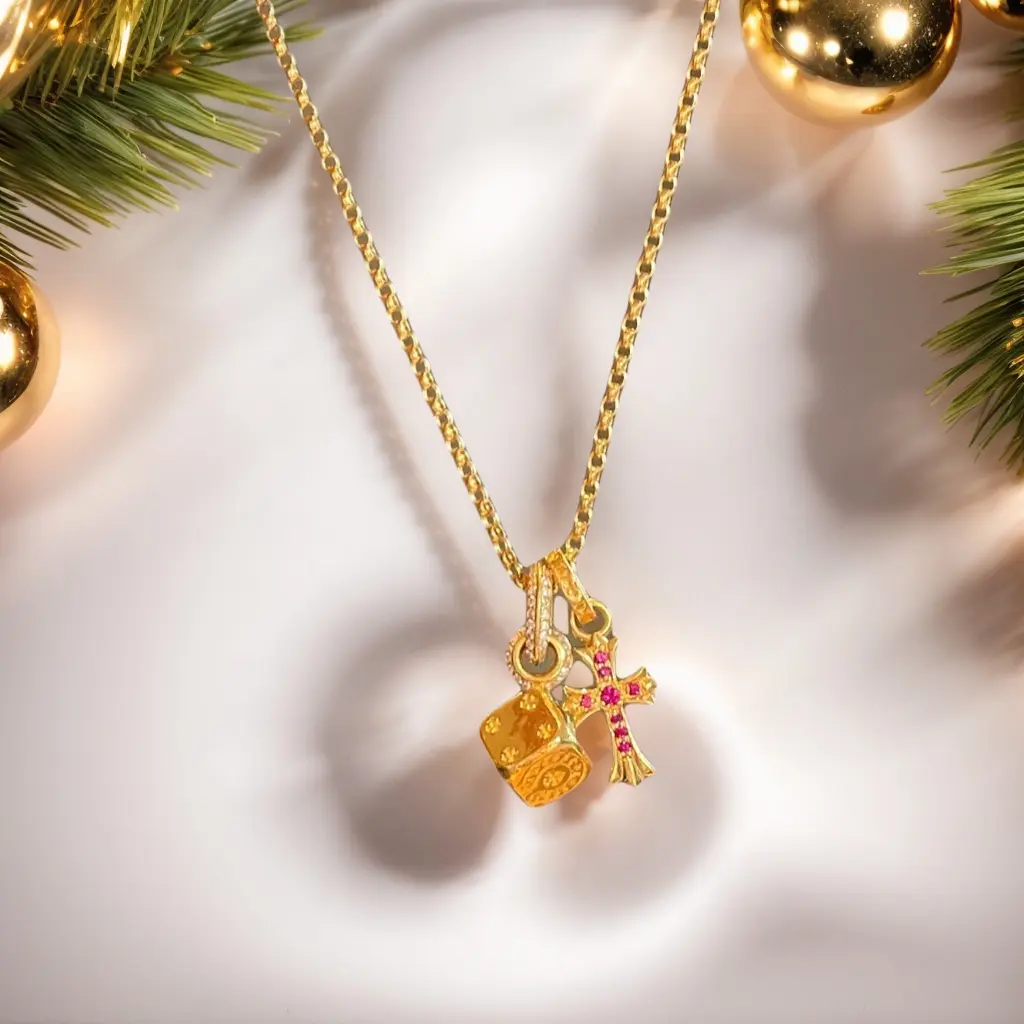 SIXFOX 14K Gold Plated Gold Cross & Dice Pendant Necklace Vintage Gothic Style Layered Charm Chain Idea Best Gift for Women