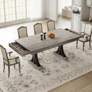 71-Inch Wooden Dining Table with 2 Drawers, Rectangular Dining Table w/Large Tabletop & Double Pedestal, Large Kitchen Table for 6-8 with Sturdy Frame, for Dining Room, Kitchen