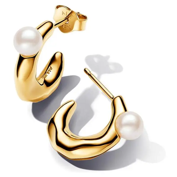 Pandora Treated Freshwater Cultured Pearl & Organically Shaped 14k gold plating Hoop Earrings 263261C01