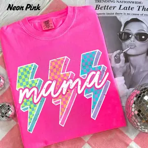 Comfort Colors Lightning Checkered Mama Tee, Neon Rock Mom Design, Bright Lightning Bolt Top, Cool Motherhood Gift for Her, Trendy Mama Style