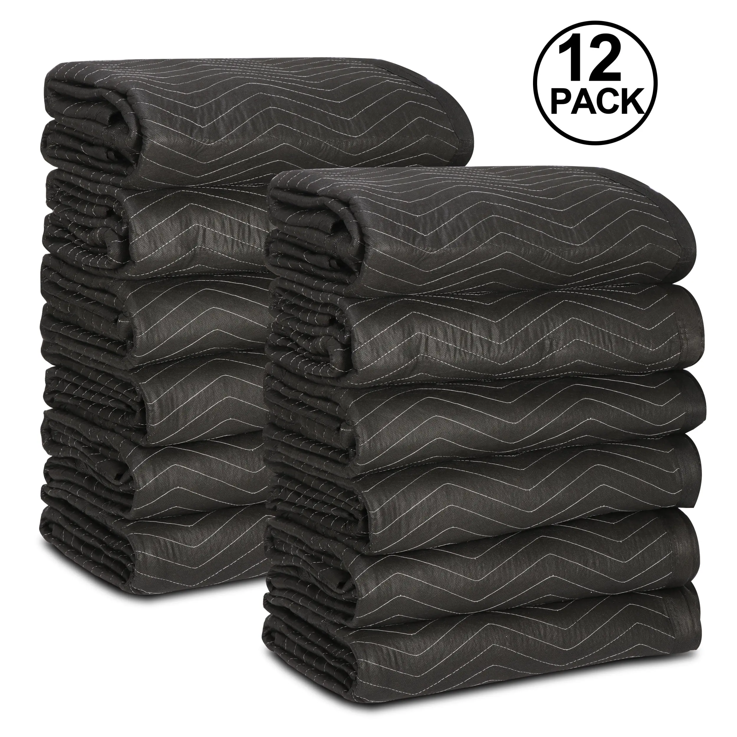 Segawe 12-Pack Heavy Moving Blankets, 80"x72" (65lb/Dz), Dual-Sided Professional Quilted Shipping Furniture Pads, Black/Blue Packing Blankets, Blanket