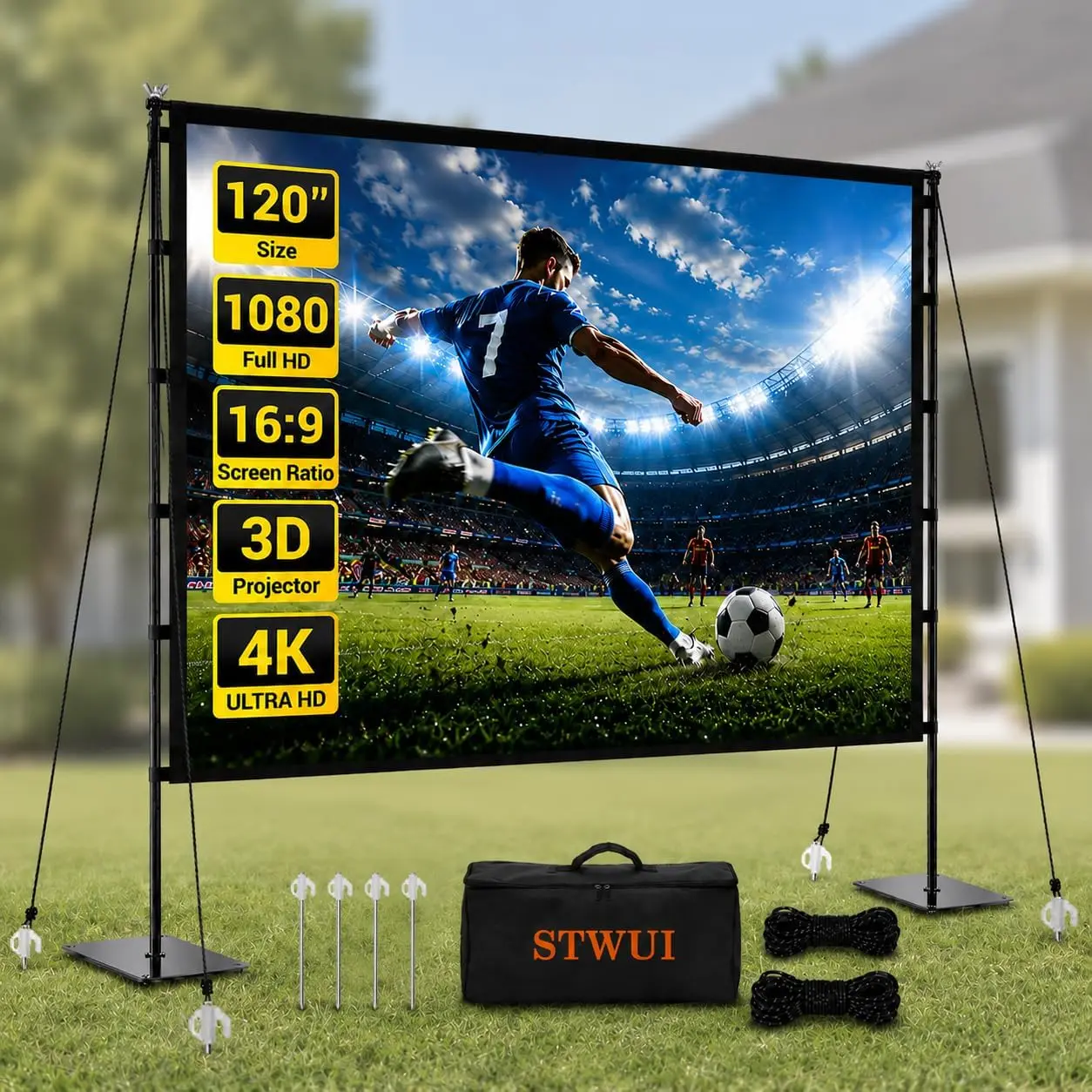 STWUI 120 inch Outdoor Projector Screen with-Stand Portable Projection Screen Indoor Outdoor Projector Screens 16:9 4K HD Lightweight Movie Screen with Carry Bag for Backyard Movie Night Foldable Projector Screen
