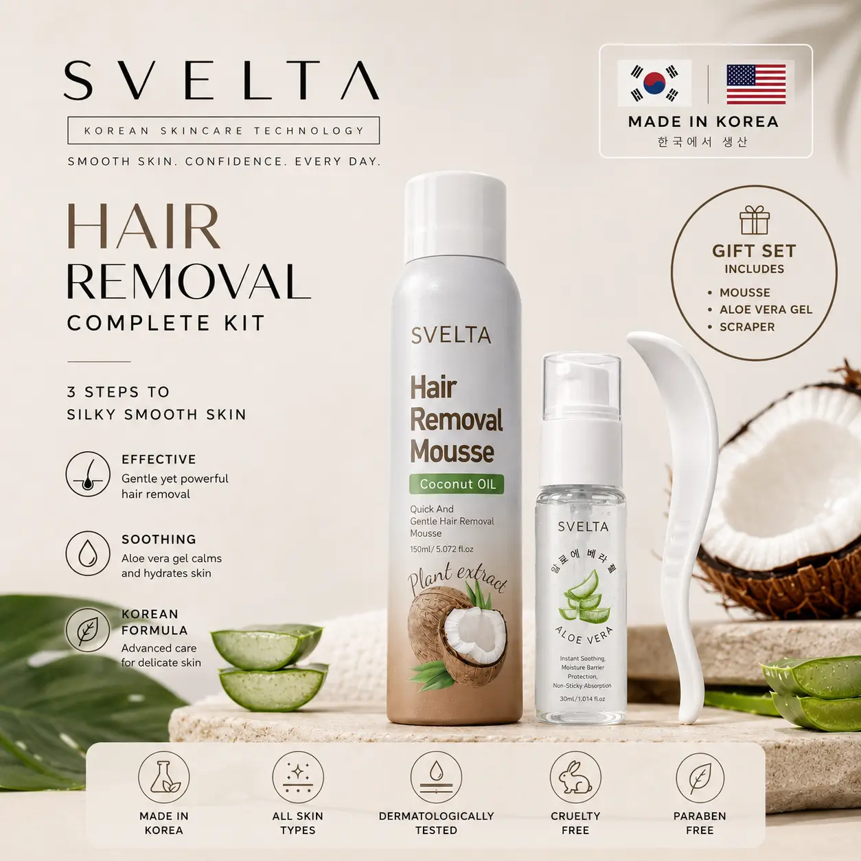 SVELTA K-Beauty Bikini Hair Removal Cream & Mousse for Sensitive Skin, Fast-Acting Korean Depilatory Foam with Coconut Oil, Aloe Vera Gel & Scraper, Gentle Hair Remover for Men & Women, Legs, Arms & Underarms, 150ml + 30ml,back to school