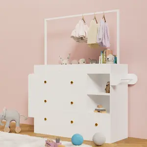 Modern Nursery Baby Changing Table with Storage Drawers, Side Shelves and Clothes Hanging Rod, Multi-Purpose Diaper Changing Station with Drying Rack and Large Storage Space for Baby Essentials, Nursery Dresser Organizer for Baby Room, White boy girl