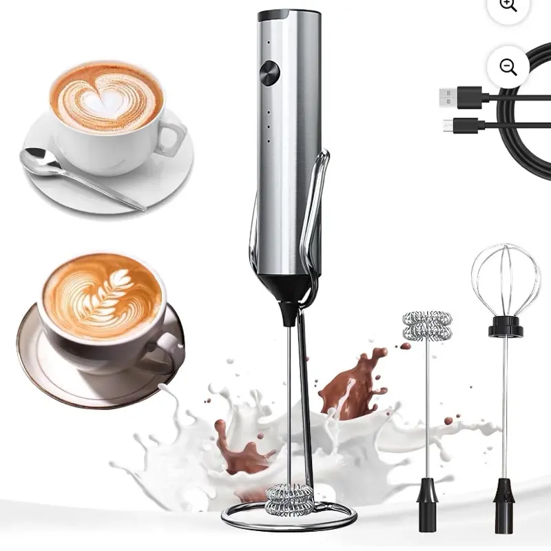 YARRAMATE Stainless Steel Rechargeable Electric Milk Frother with Stand for Coffee, 3-Speed 2 Whisks Handheld Drink Mixer