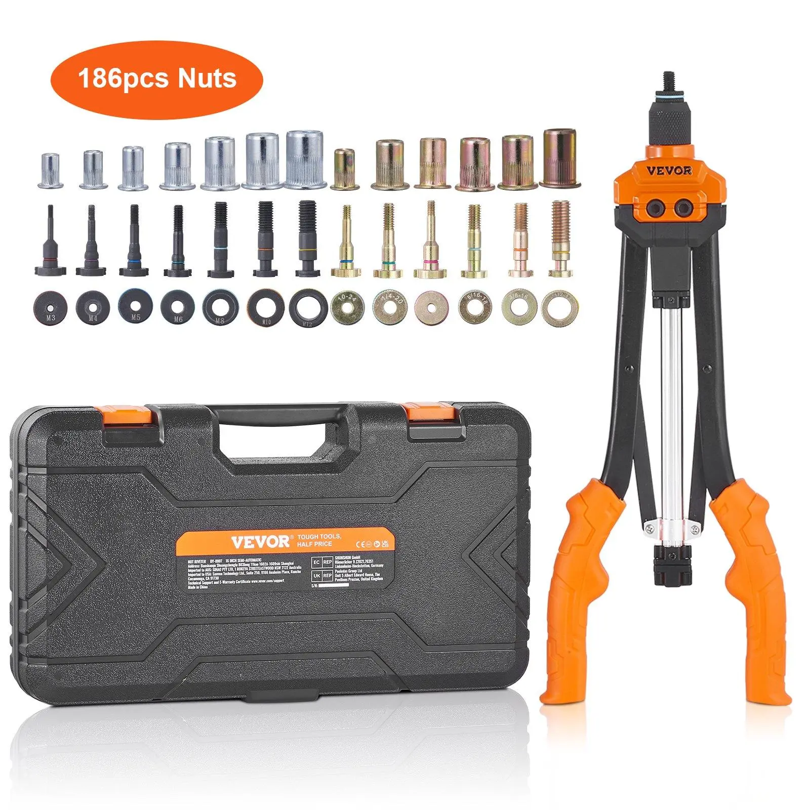【fathersdaygift】VEVOR Rivet Nut Tool 16 inch Rivnut Tool Kit with 13PCS Metric and SAE Mandrels & 186PCS Rivet NutsSemi-auto RetractionM3M4M5M6M8M10M121/4-205/16-183/8-161/2-138-3210-24