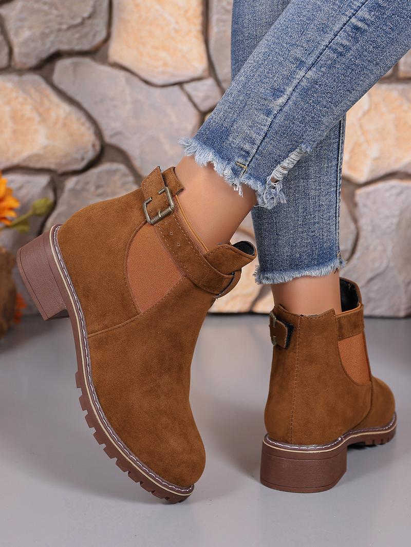 Women's buckle thick low heel anti slip thick sole fashionable ankle boots - round headed solid color short boots, suitable for winter and autumn, casual and formal wear