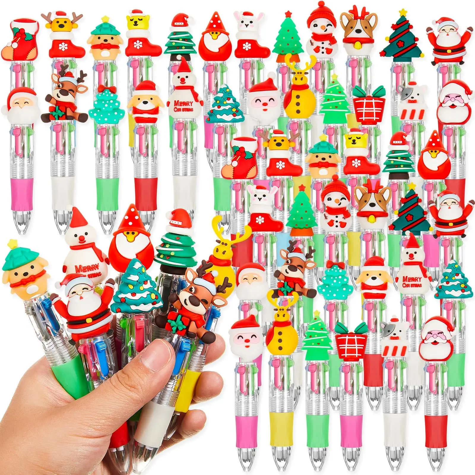 50PCS Multicolor Christmas Ballpoint Pen 4-in-1 Retractable Holiday Ink Pens 0.7mm Xmas Santa Snowman Reindeer Writing Pens for Christmas Office Supplies Gifts