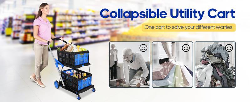 multifunctional folding cart,2 baskets included,collapsible Shopping Cart,storage cart,Modern Portable collapsible Multi-Tier double decker wagon,lightweight,BlackFriday