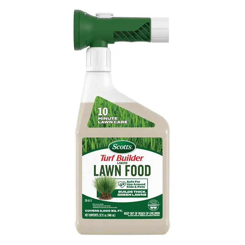 Scotts Turf Builder Liquid Lawn Food Garden Fertilizer - 32 Fl Oz Hose Attach Formula, Safe for Kids, Fast-Acting, Drought-Resistant, Iron and Nitrogen Fertilizers & Plant Food with Potassium Drought Aid for All Grass Types to Grow Thick Lawns