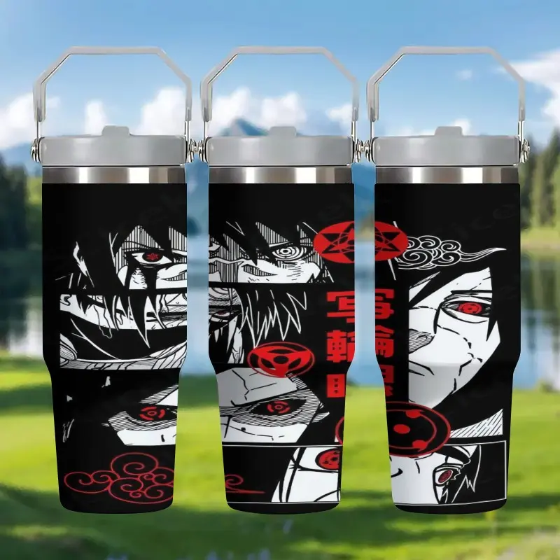 1pc 30oz Stainless Steel Insulated Mug, Insulated Drinkware, Naruto, Akatsuki Sharingan Outdoor Water Bottle Insulated Coffee Tumbler, with handle and straw, suitable for car use, personalized gift for birthdays/holidays